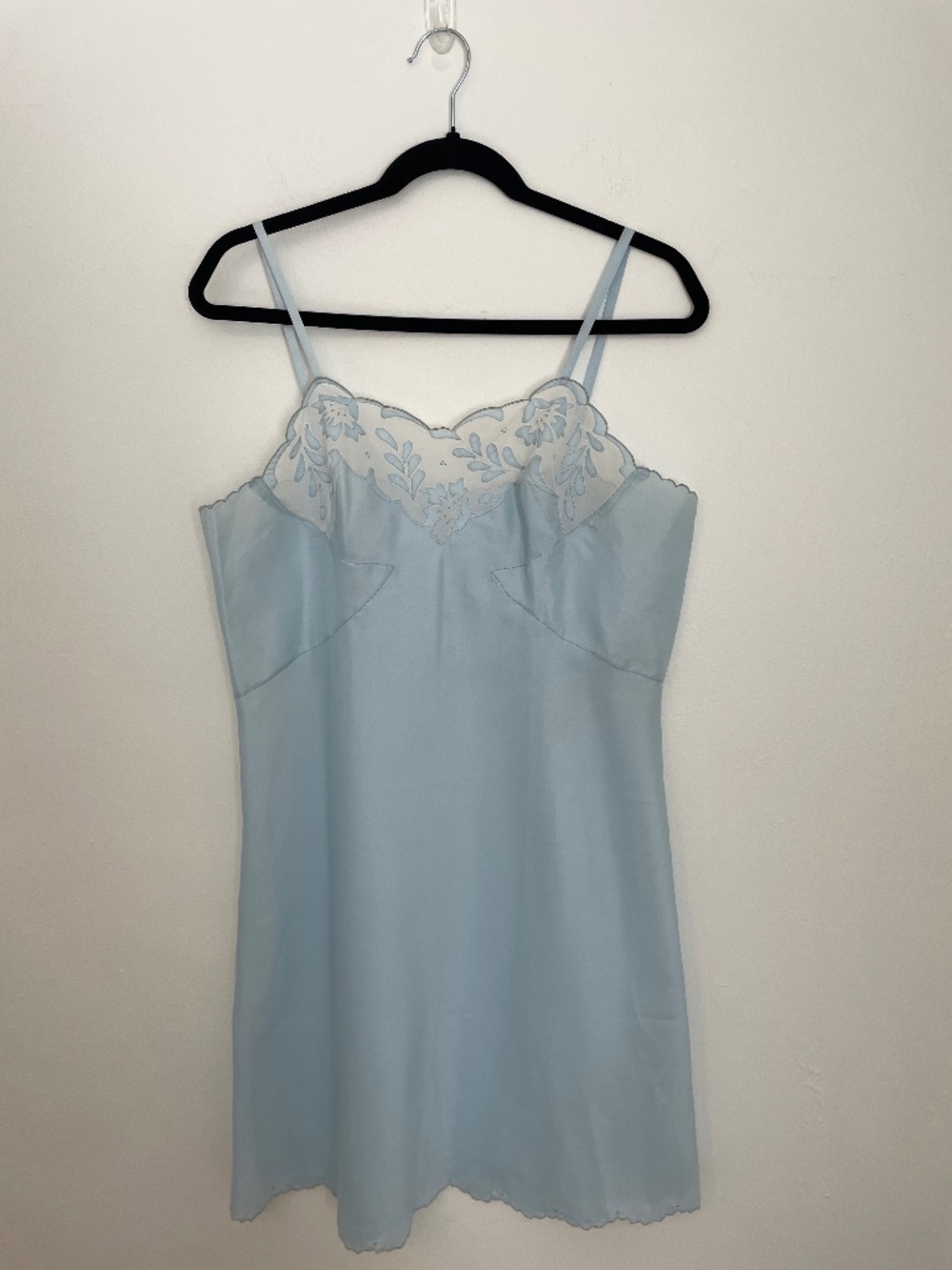 Vintage 50s 60s Baby Blue Slip Dress Floral Lace Trim Babydoll Chemise Size L